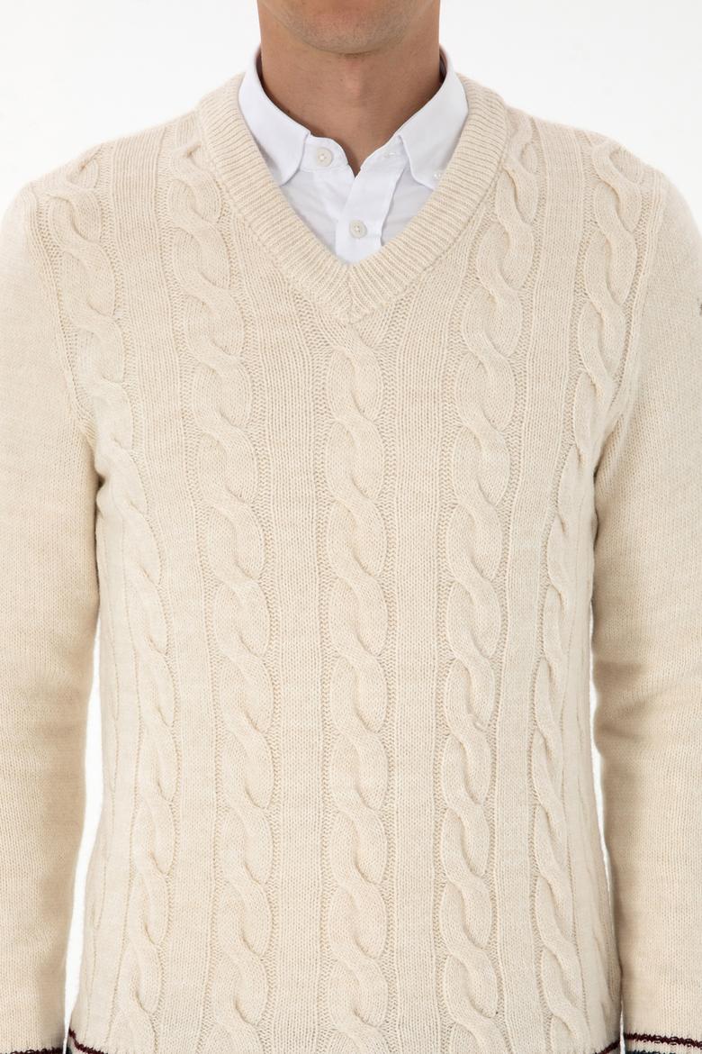 Erkek Regular Fit V Yaka Krem Kazak - 50308337026