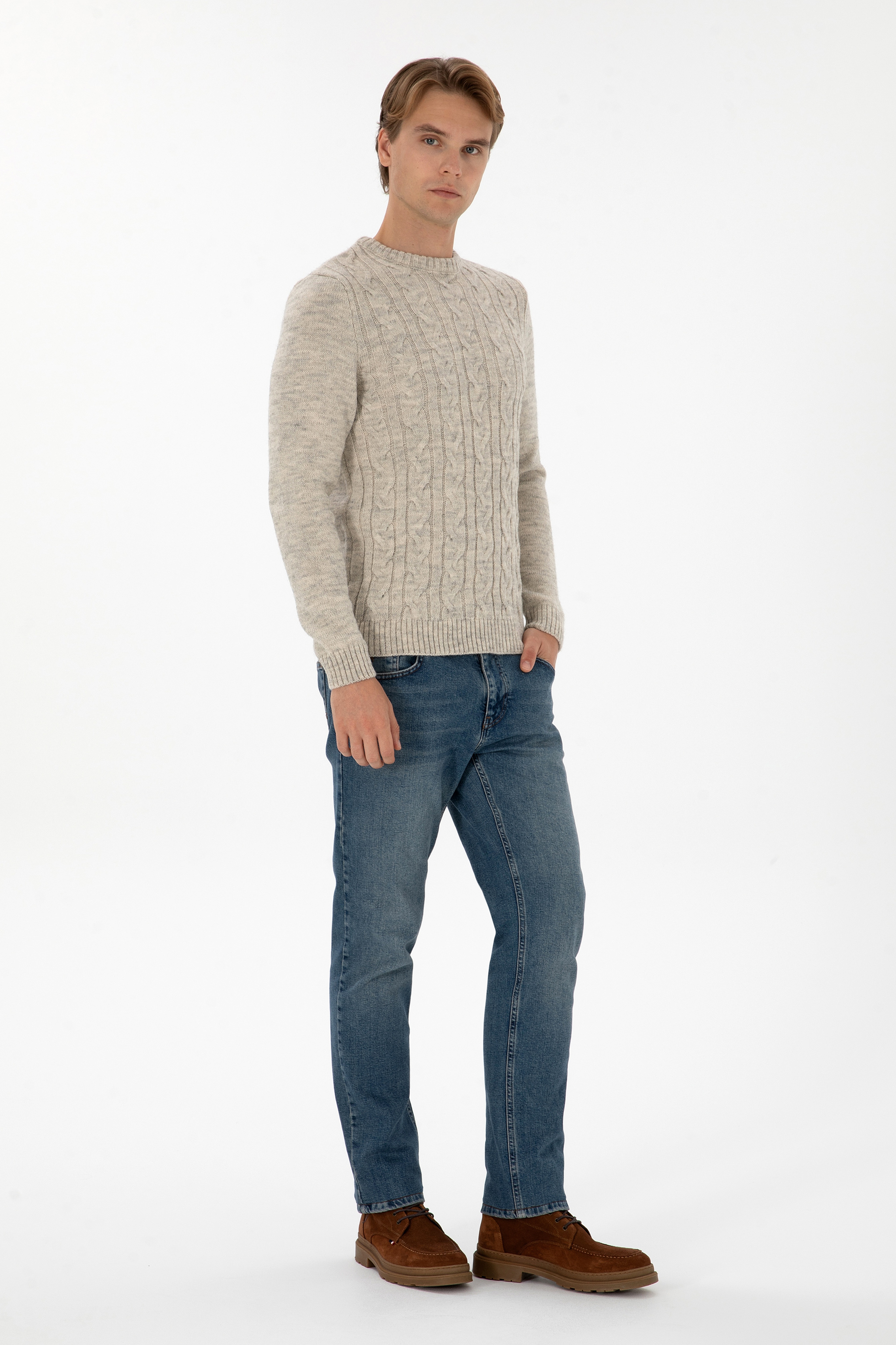 Erkek Regular Fit Bisiklet Yaka Taş Kazak - Image 4