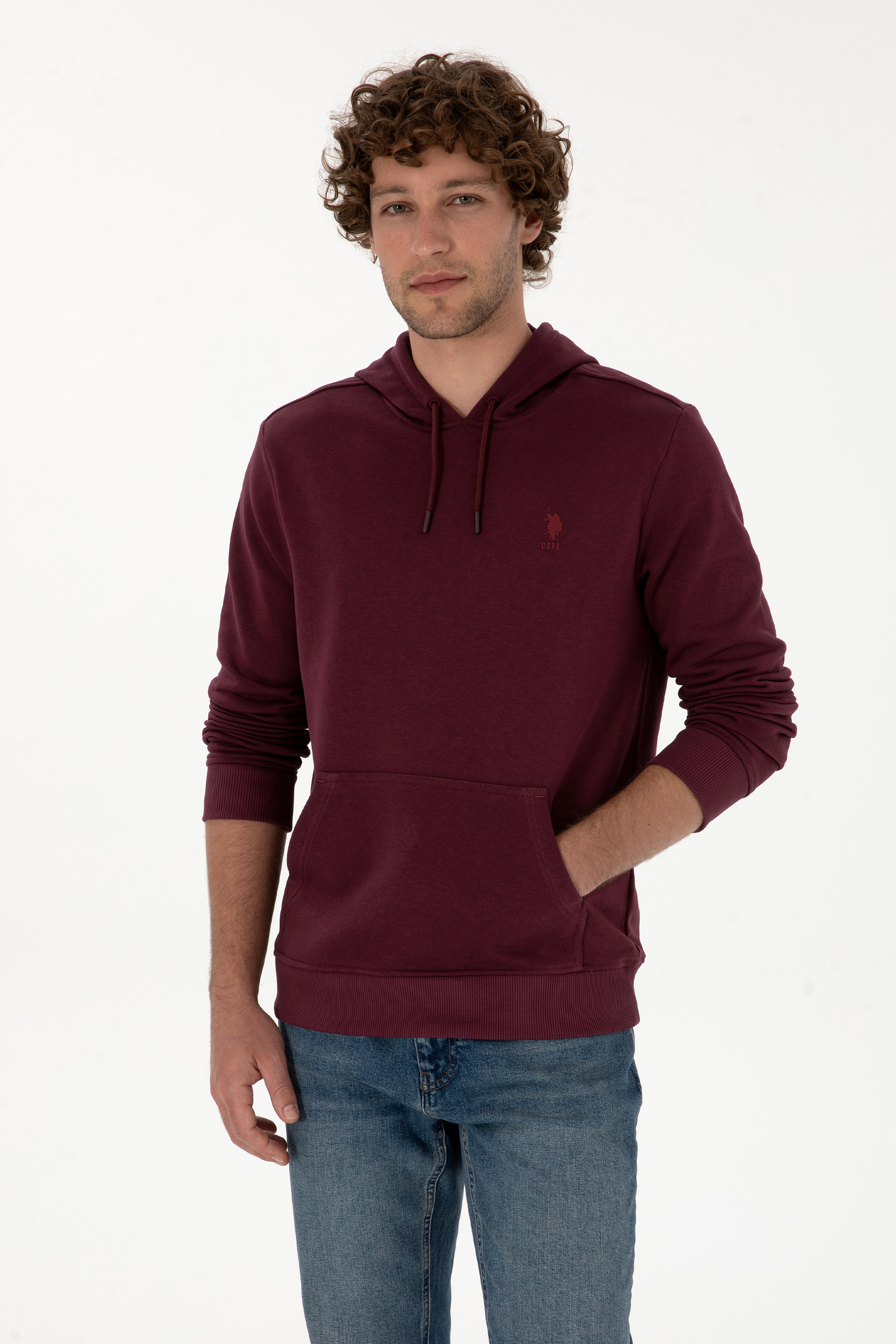 Erkek Regular Fit Kapüşonlu Koyu Bordo Basic Sweatshirt