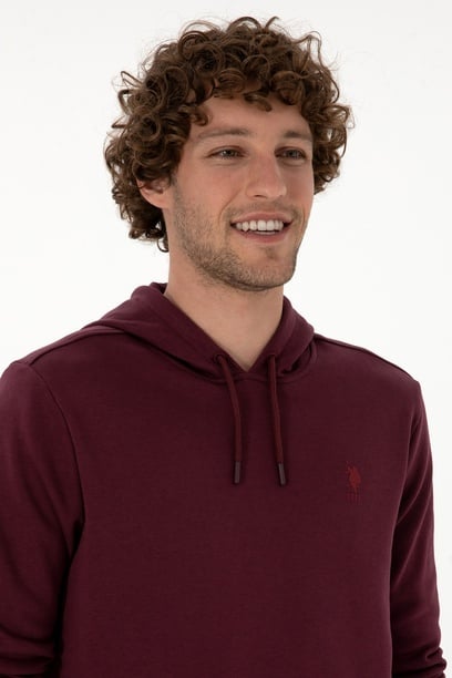 Erkek Regular Fit Kapüşonlu Koyu Bordo Basic Sweatshirt