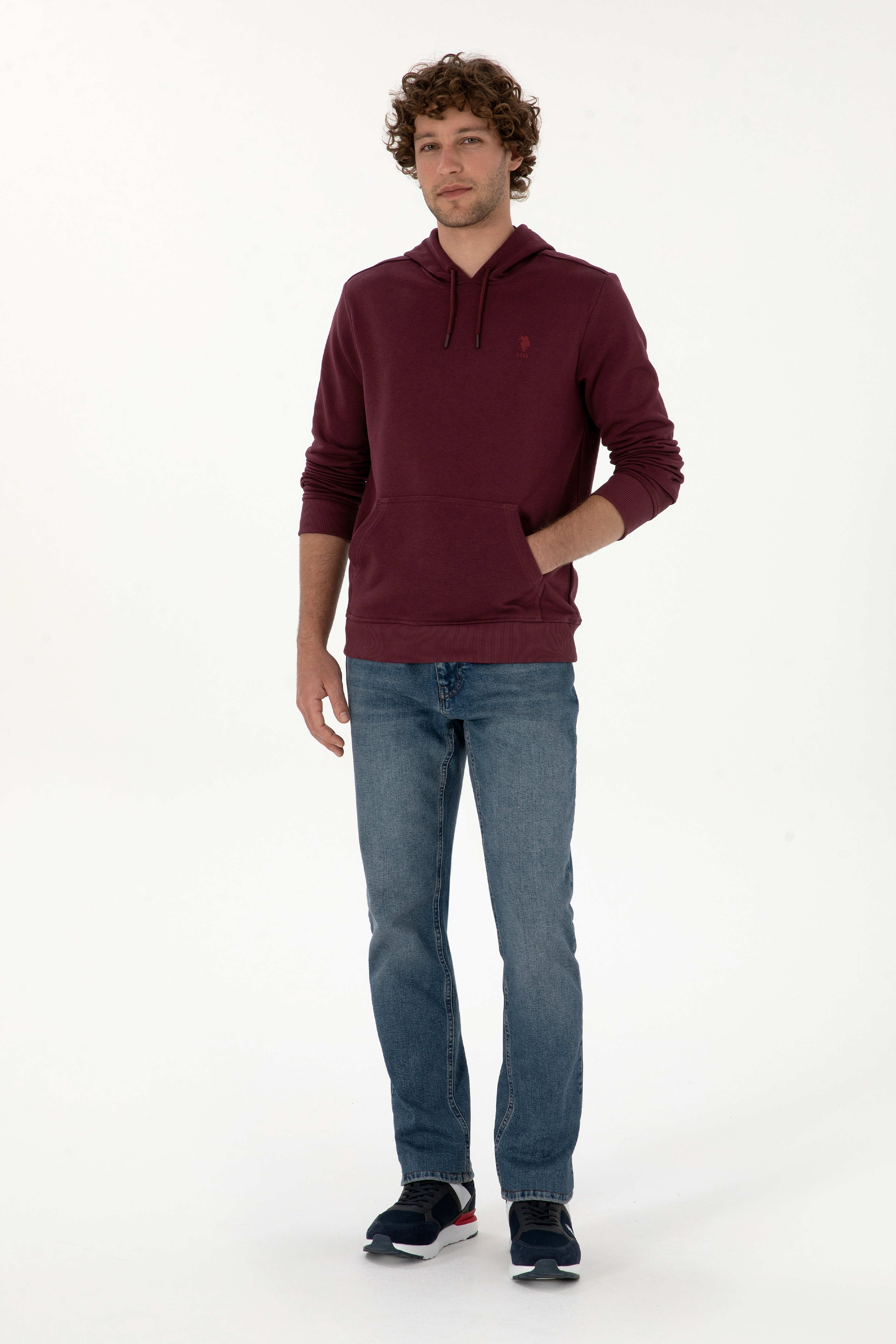 Erkek Regular Fit Kapüşonlu Koyu Bordo Basic Sweatshirt - Image 4