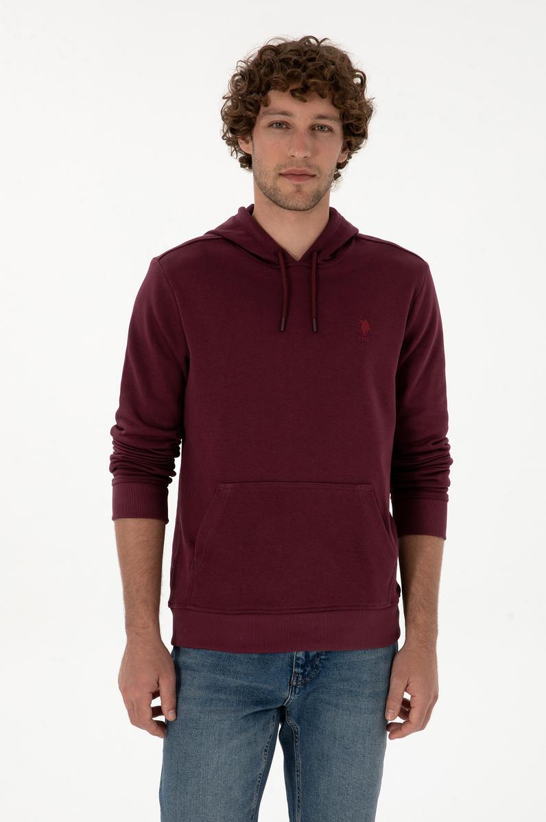 Erkek Regular Fit Kapüşonlu Koyu Bordo Basic Sweatshirt