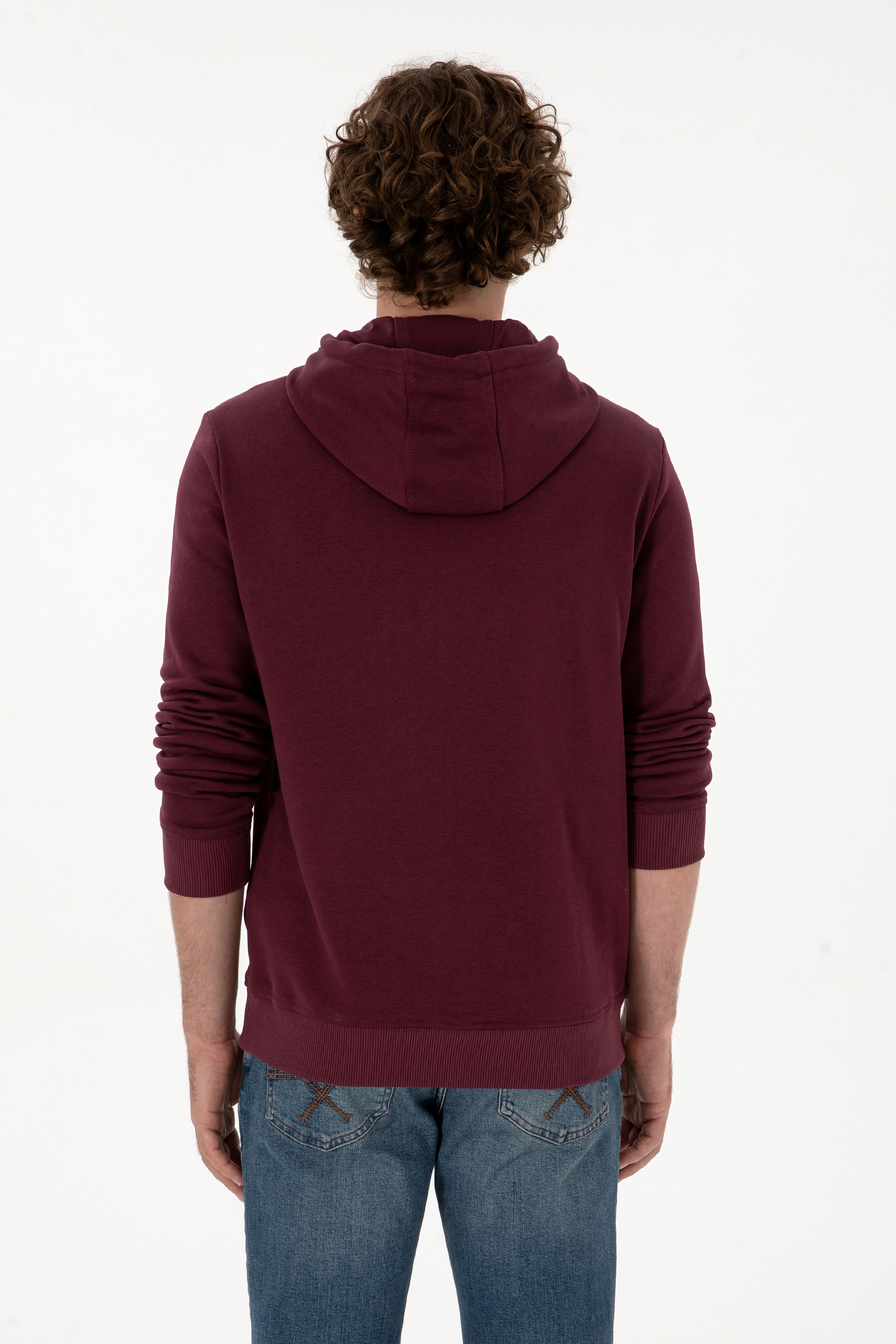 Erkek Regular Fit Kapüşonlu Koyu Bordo Basic Sweatshirt - Image 5
