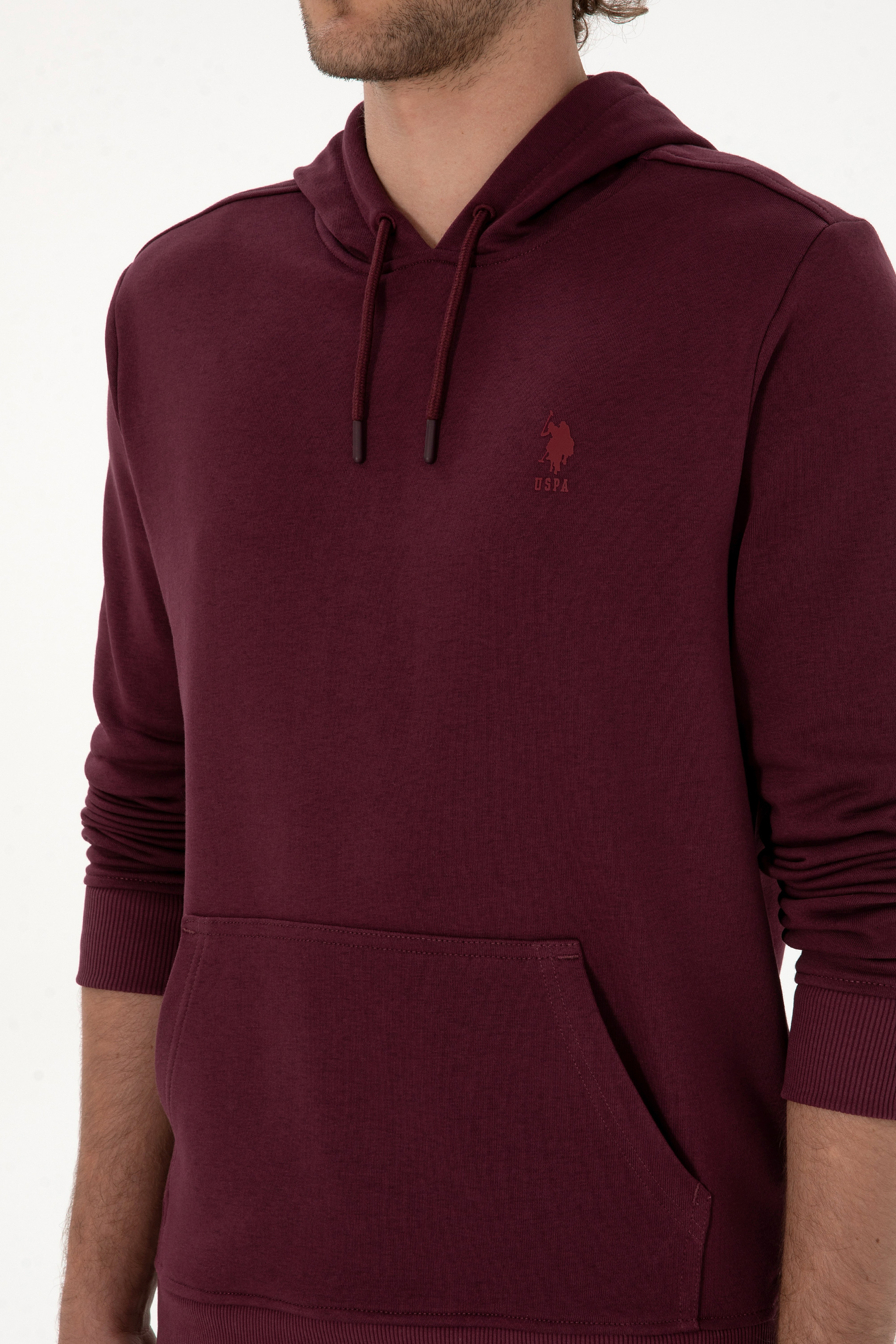 Erkek Regular Fit Kapüşonlu Koyu Bordo Basic Sweatshirt - Image 7