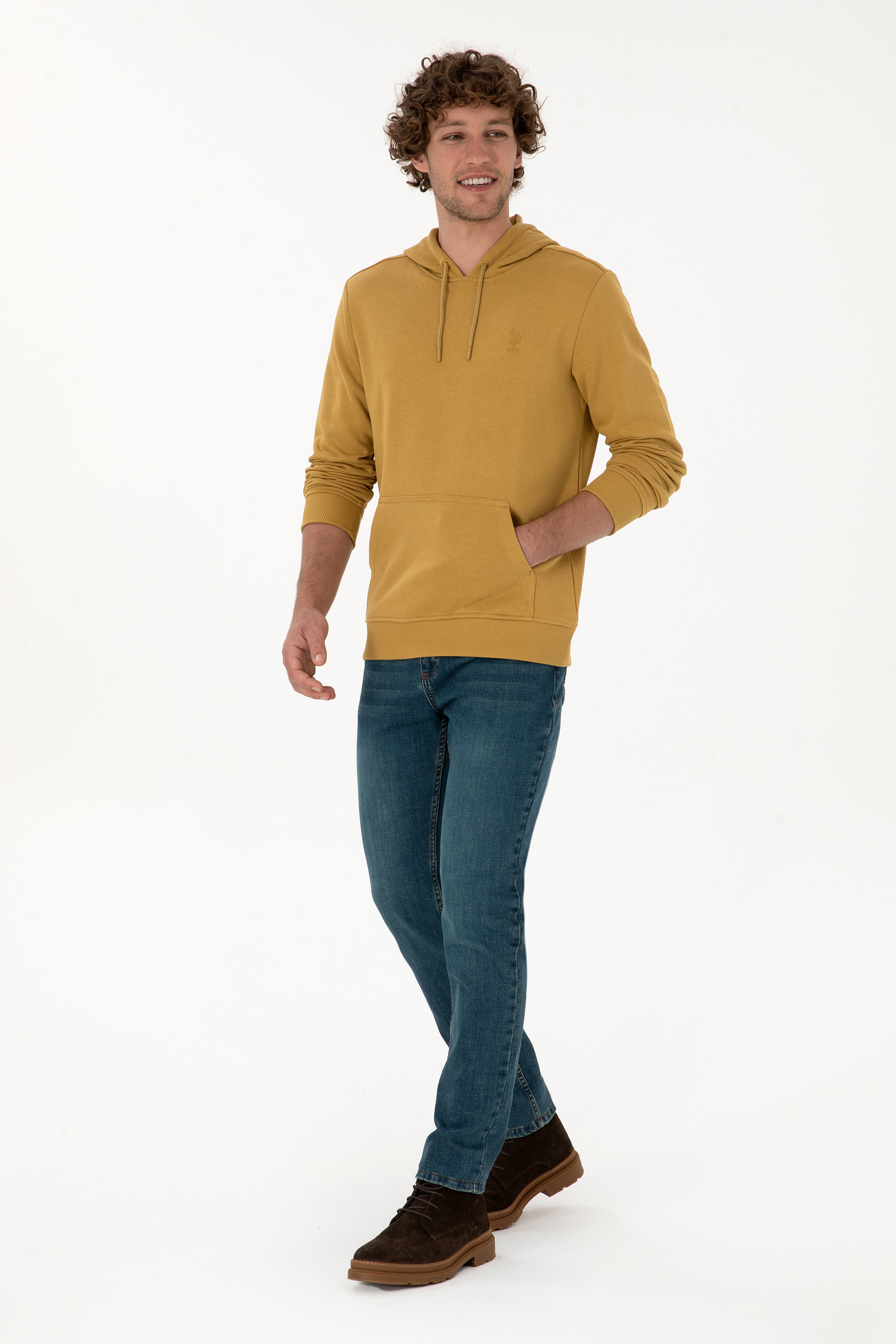 Erkek Regular Fit Kapüşonlu Hardal Basic Sweatshirt