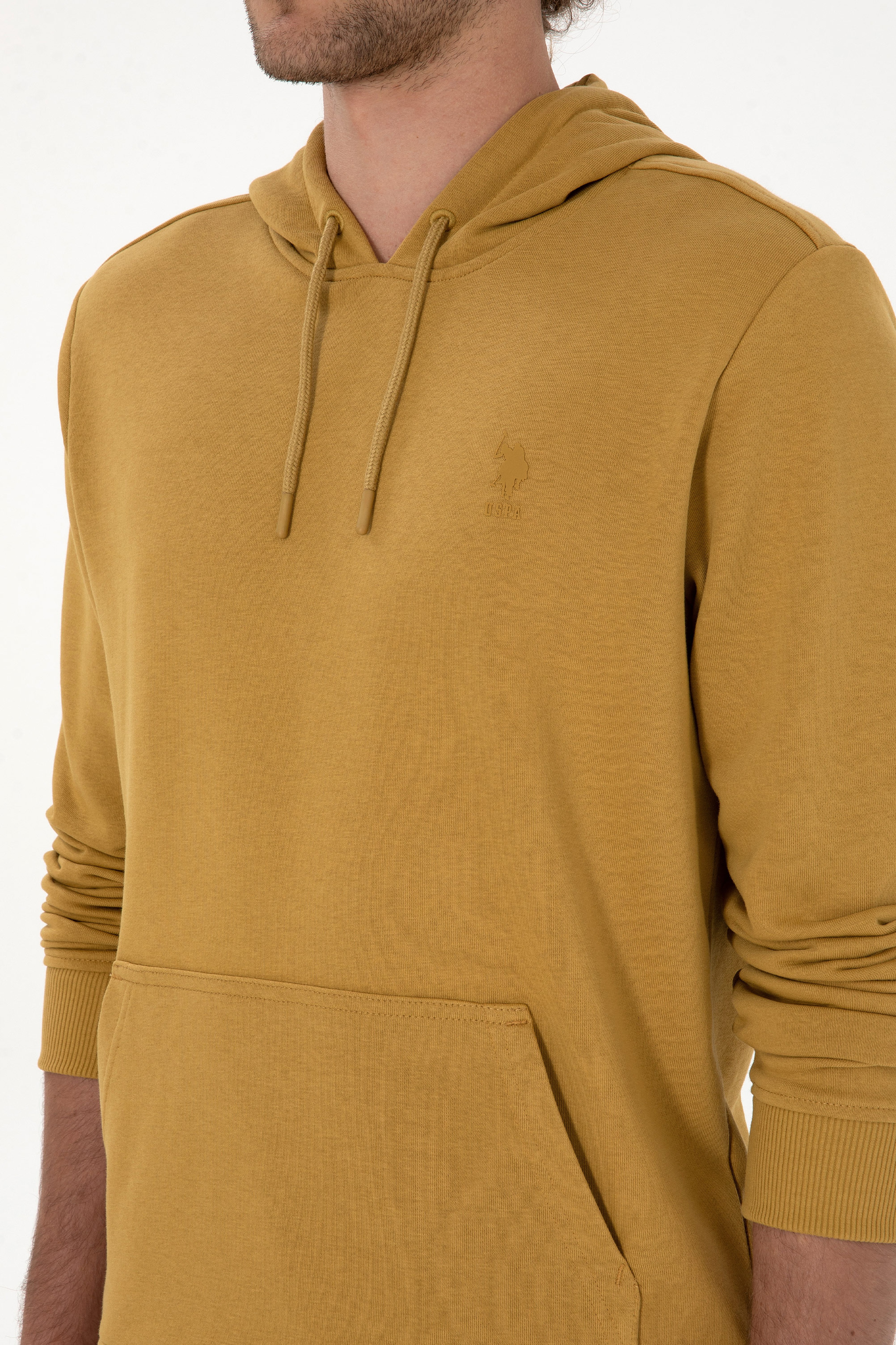 Erkek Regular Fit Kapüşonlu Hardal Basic Sweatshirt - Image 7