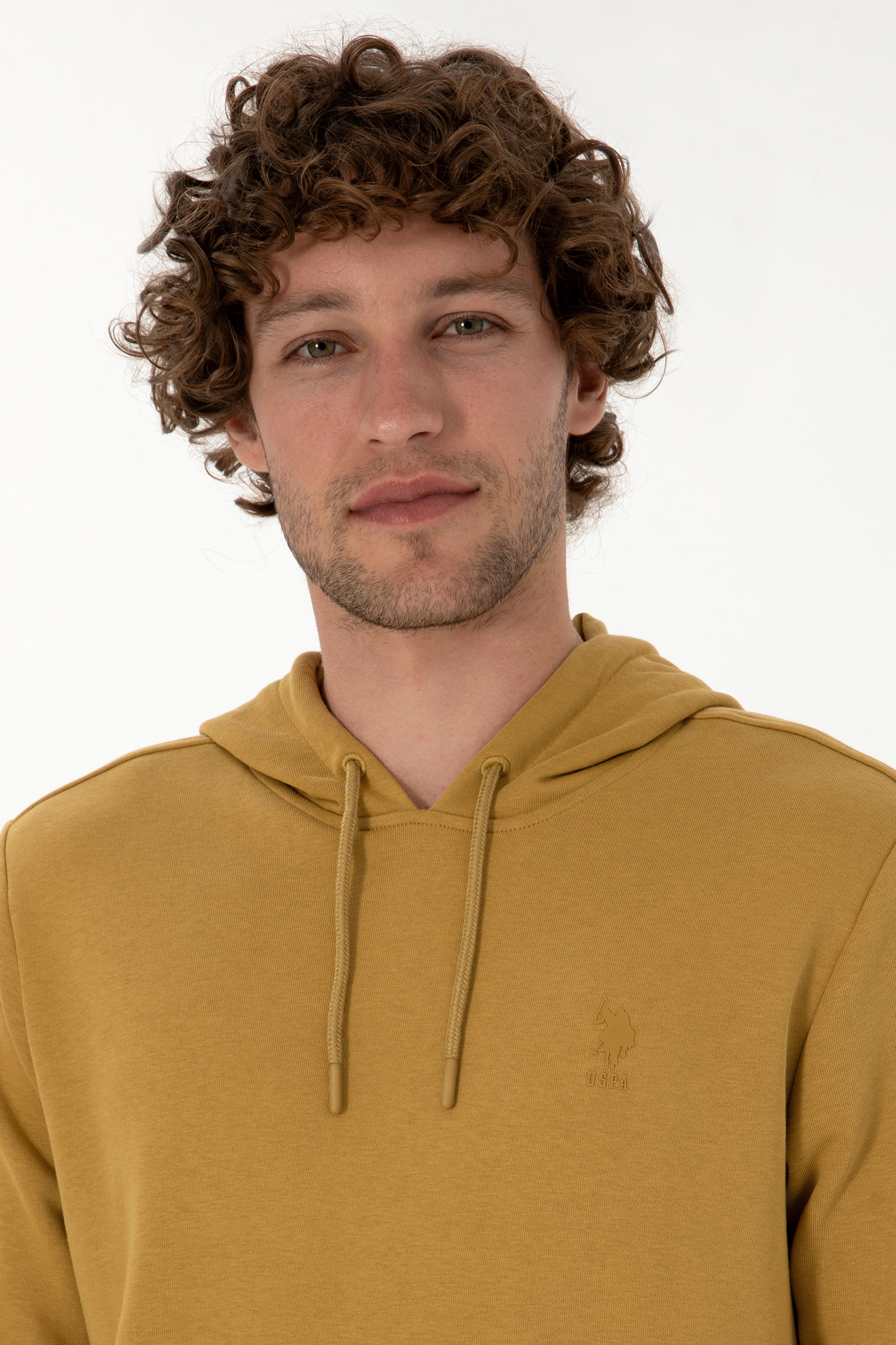 Erkek Regular Fit Kapüşonlu Hardal Basic Sweatshirt - Image 2
