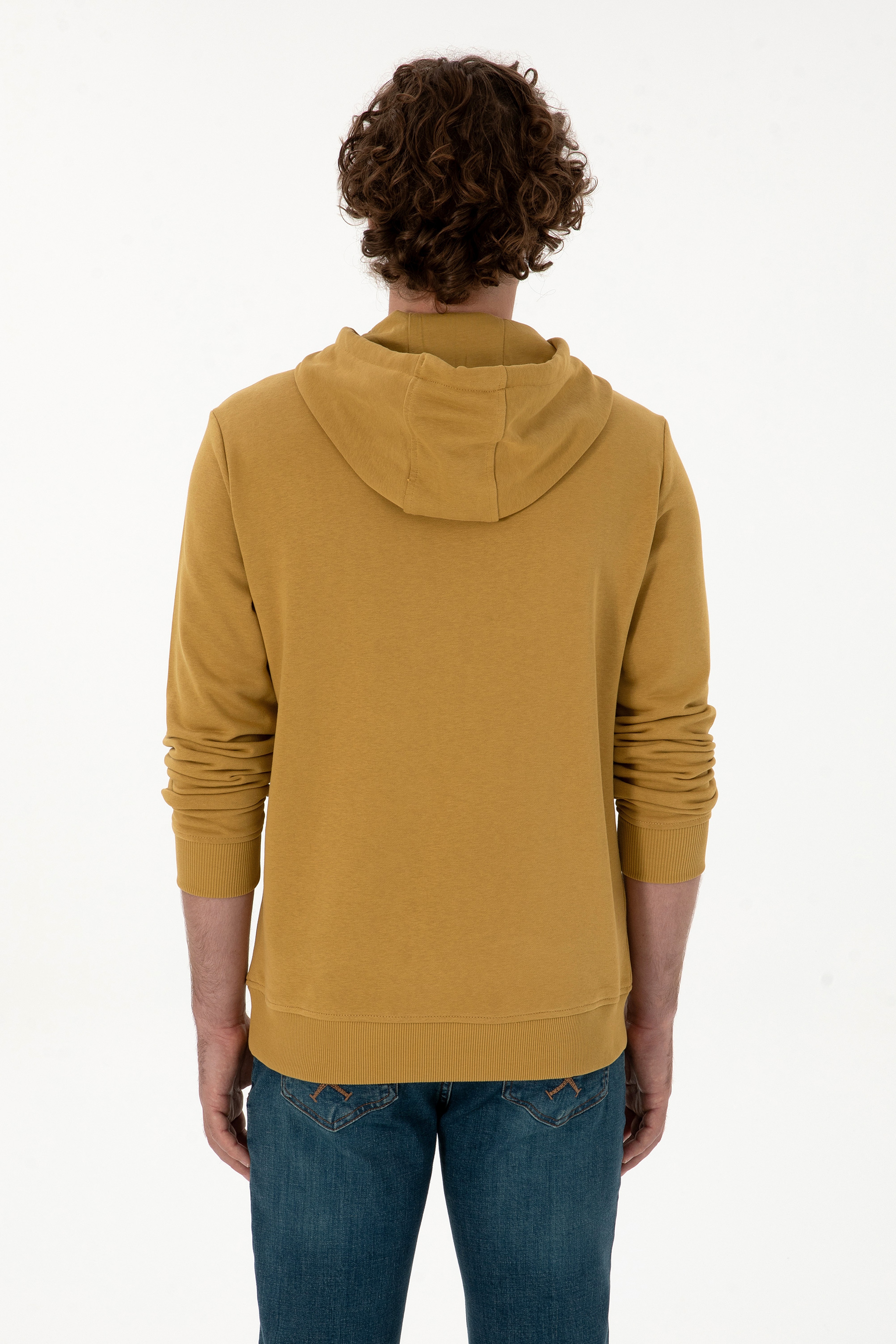 Erkek Regular Fit Kapüşonlu Hardal Basic Sweatshirt - Image 5