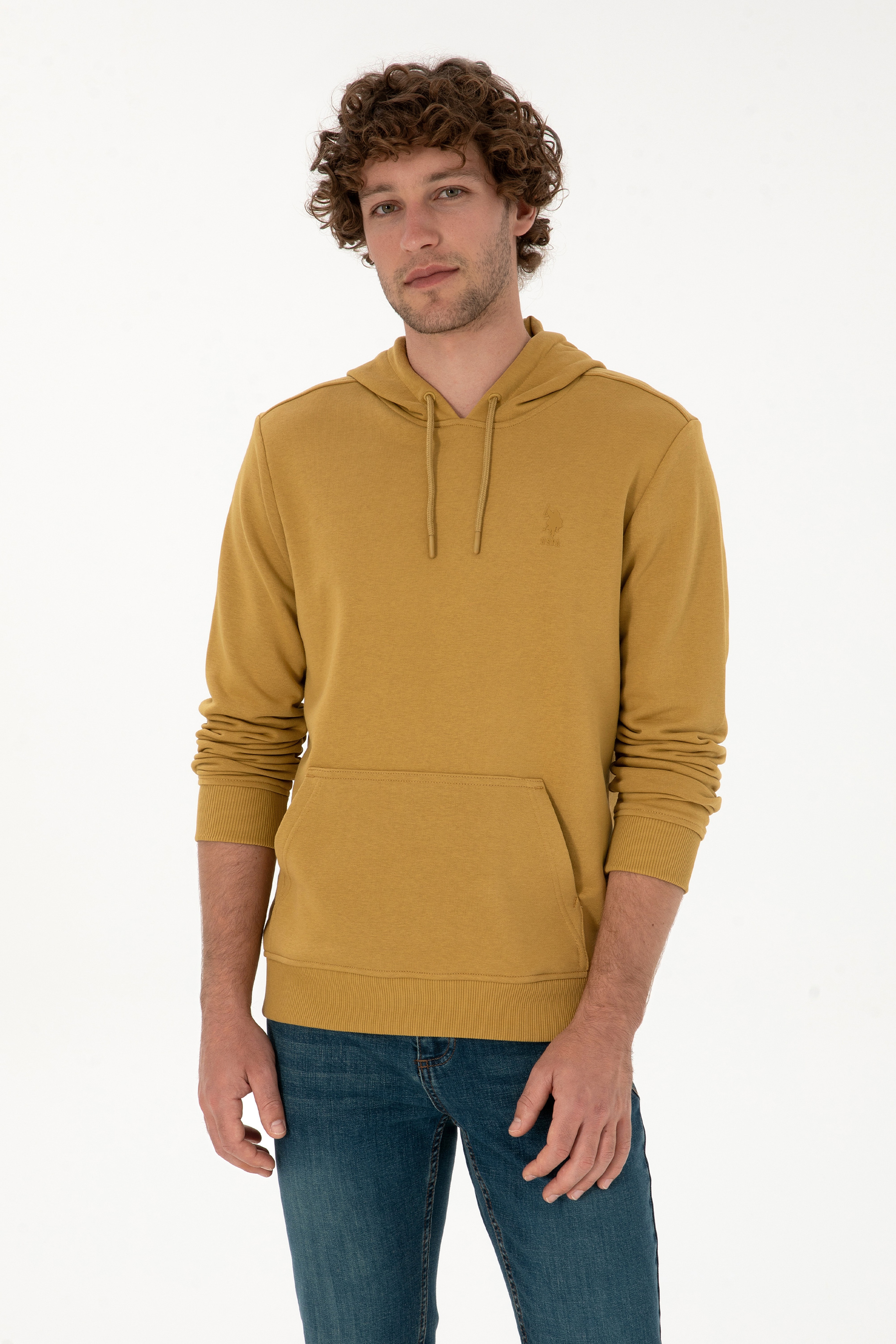 Erkek Regular Fit Kapüşonlu Hardal Basic Sweatshirt - Image 3