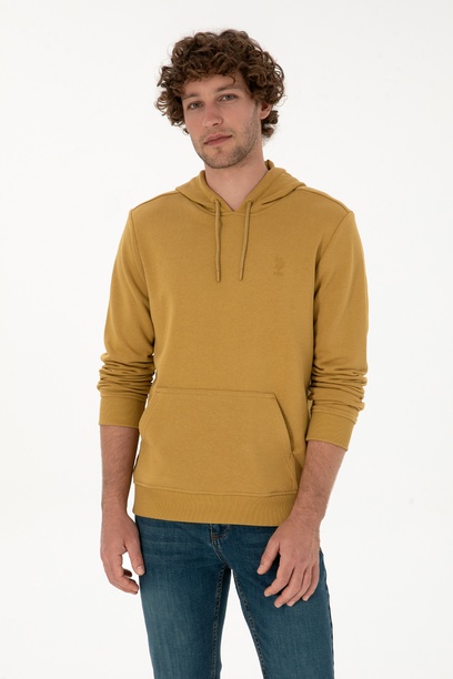 Erkek Regular Fit Kapüşonlu Hardal Basic Sweatshirt