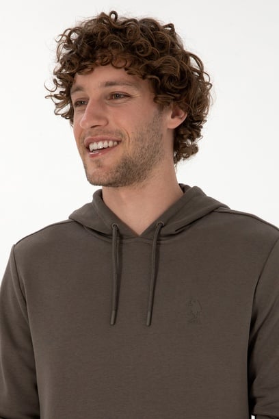 Erkek Regular Fit Kapüşonlu Vizon Basic Sweatshirt