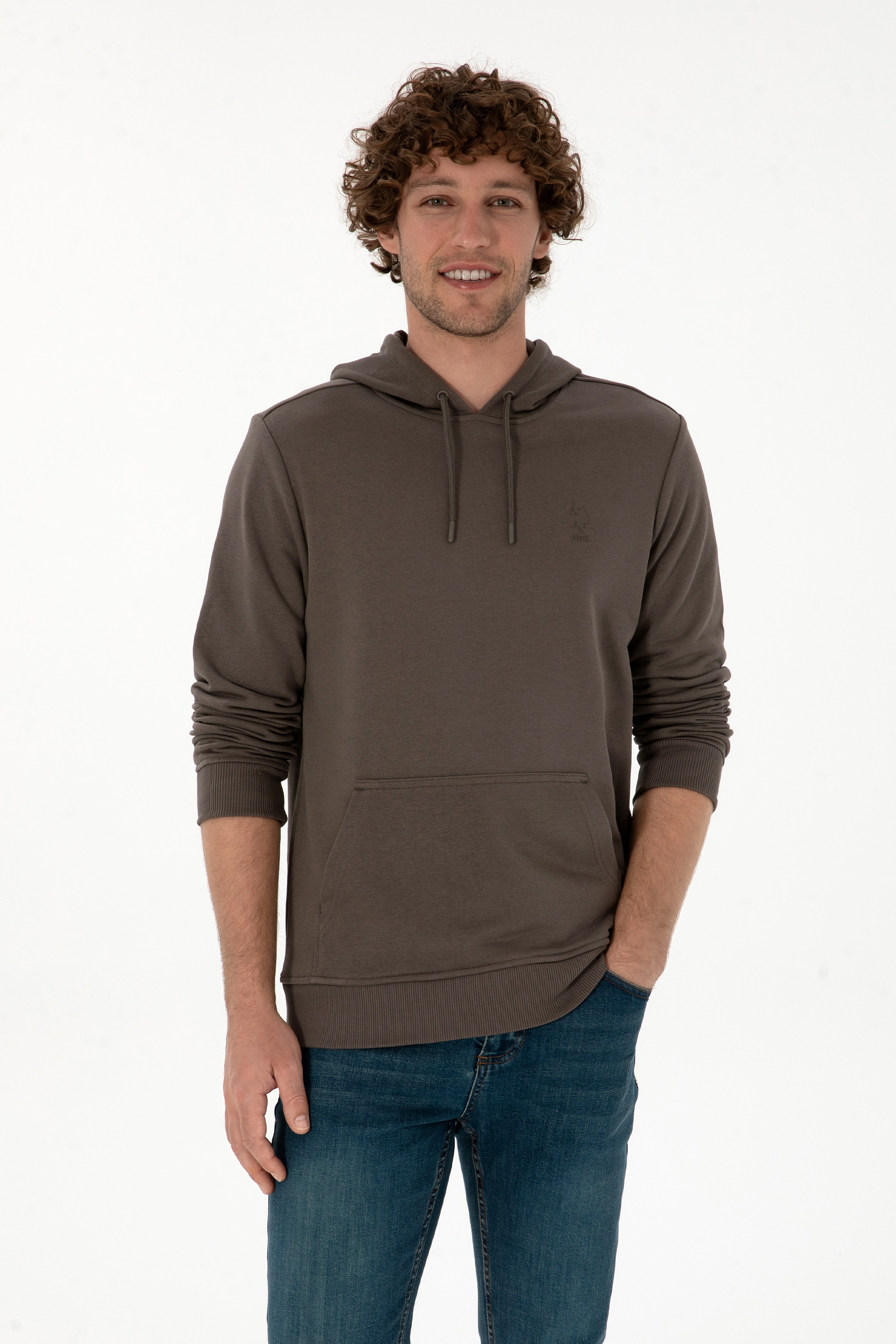 Erkek Regular Fit Kapüşonlu Vizon Basic Sweatshirt - Image 1