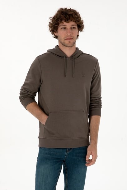 Erkek Regular Fit Kapüşonlu Vizon Basic Sweatshirt