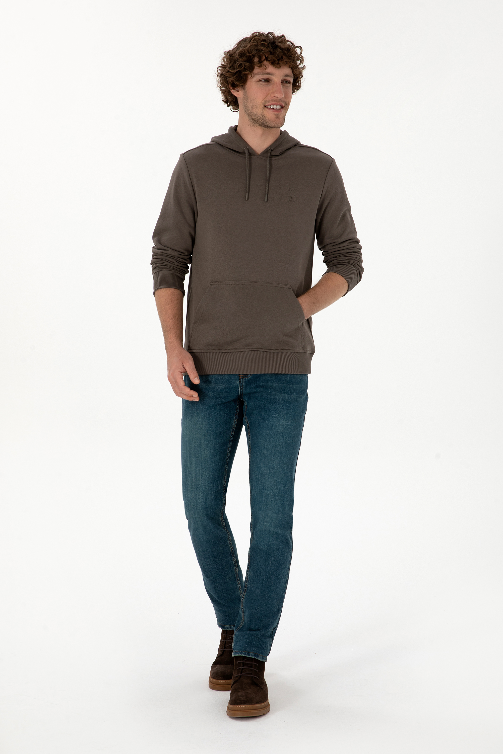 Erkek Regular Fit Kapüşonlu Vizon Basic Sweatshirt