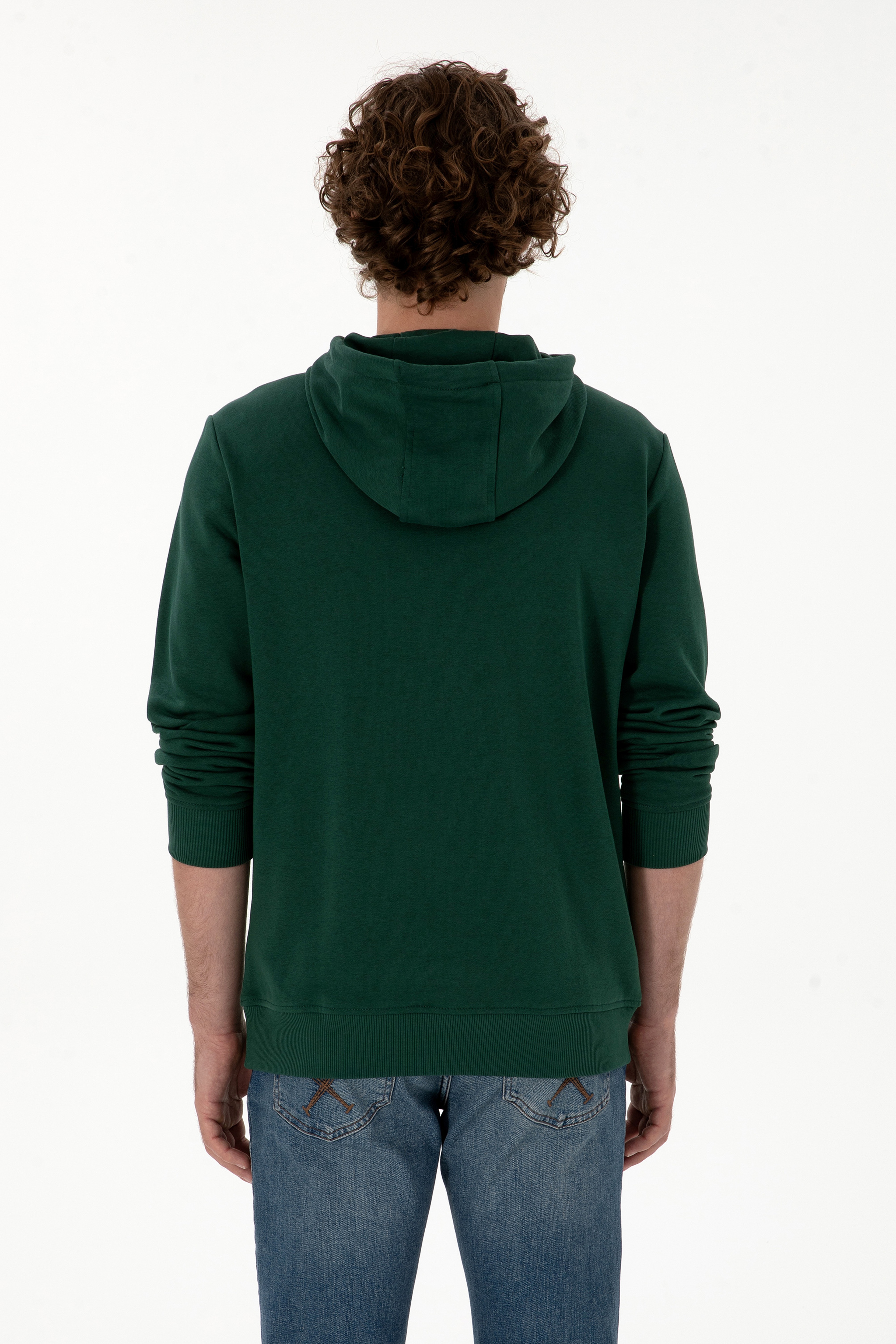 Erkek Regular Fit Kapüşonlu Koyu Yeşil Basic Sweatshirt