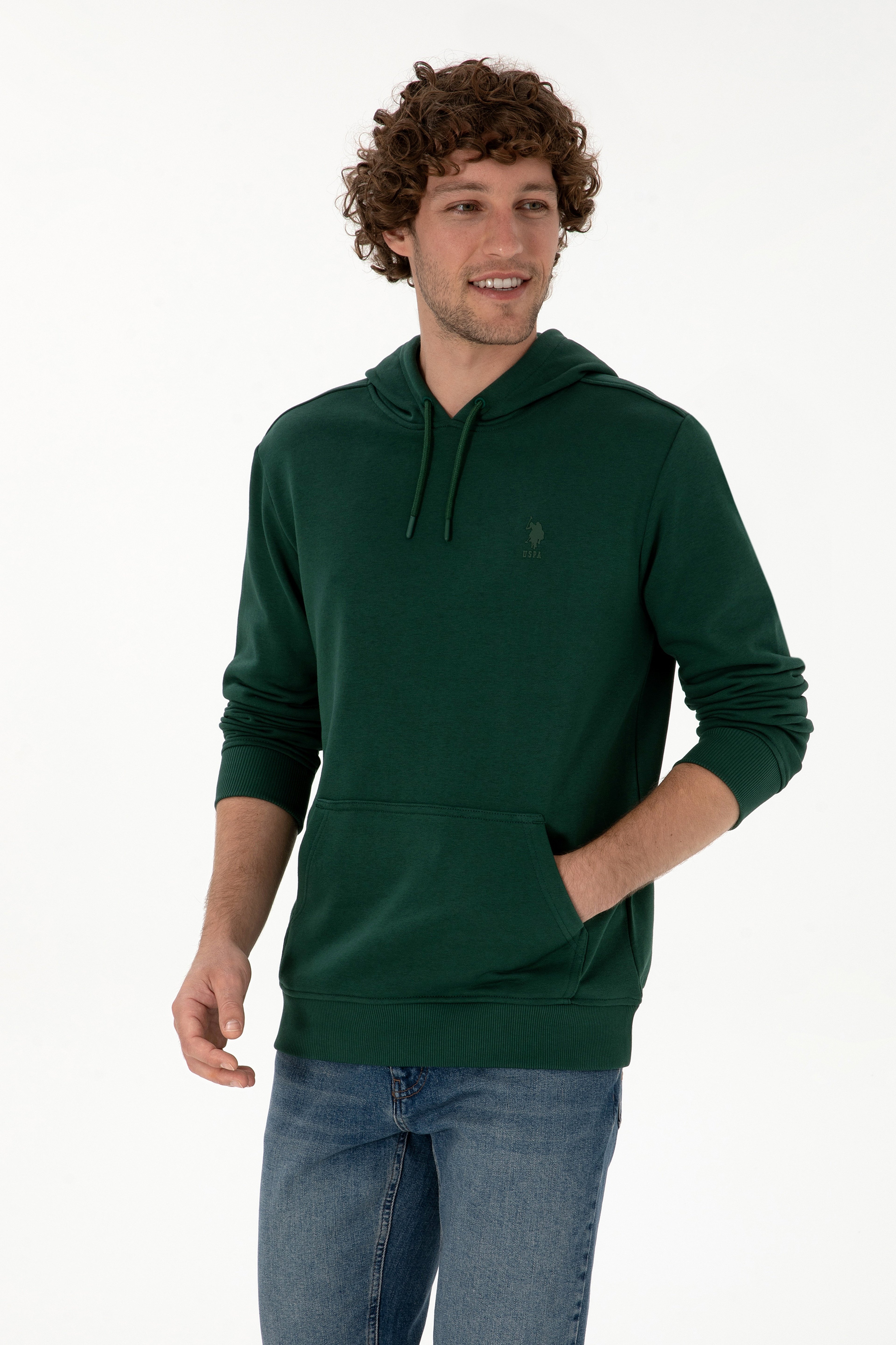 Erkek Regular Fit Kapüşonlu Koyu Yeşil Basic Sweatshirt