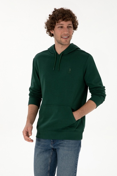 Erkek Regular Fit Kapüşonlu Koyu Yeşil Basic Sweatshirt