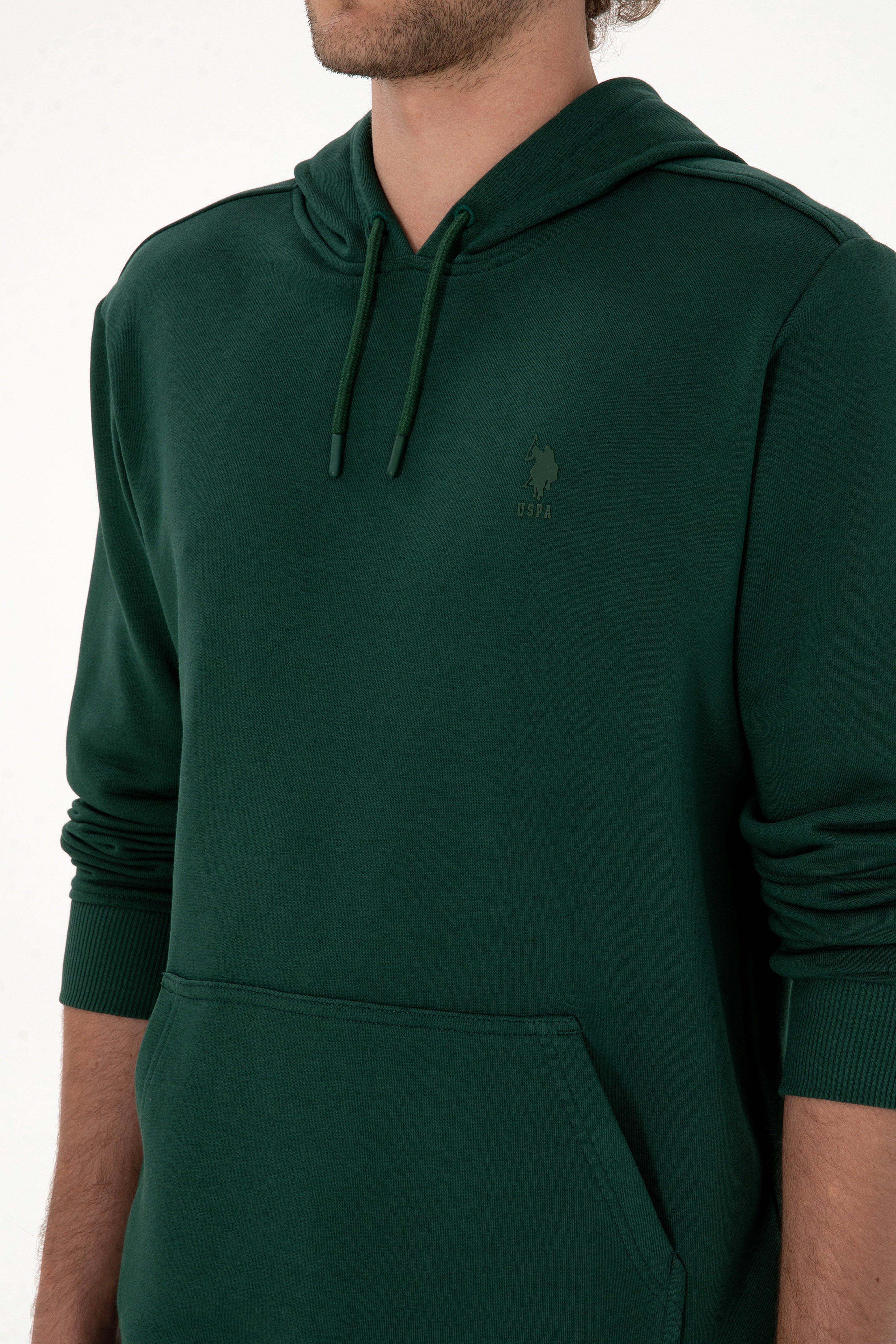Erkek Regular Fit Kapüşonlu Koyu Yeşil Basic Sweatshirt - Image 7