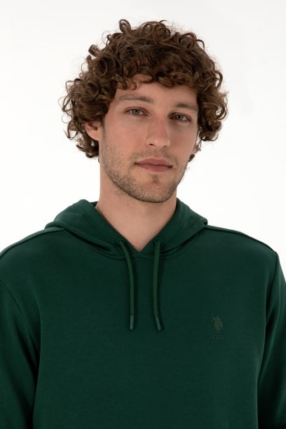 Erkek Regular Fit Kapüşonlu Koyu Yeşil Basic Sweatshirt