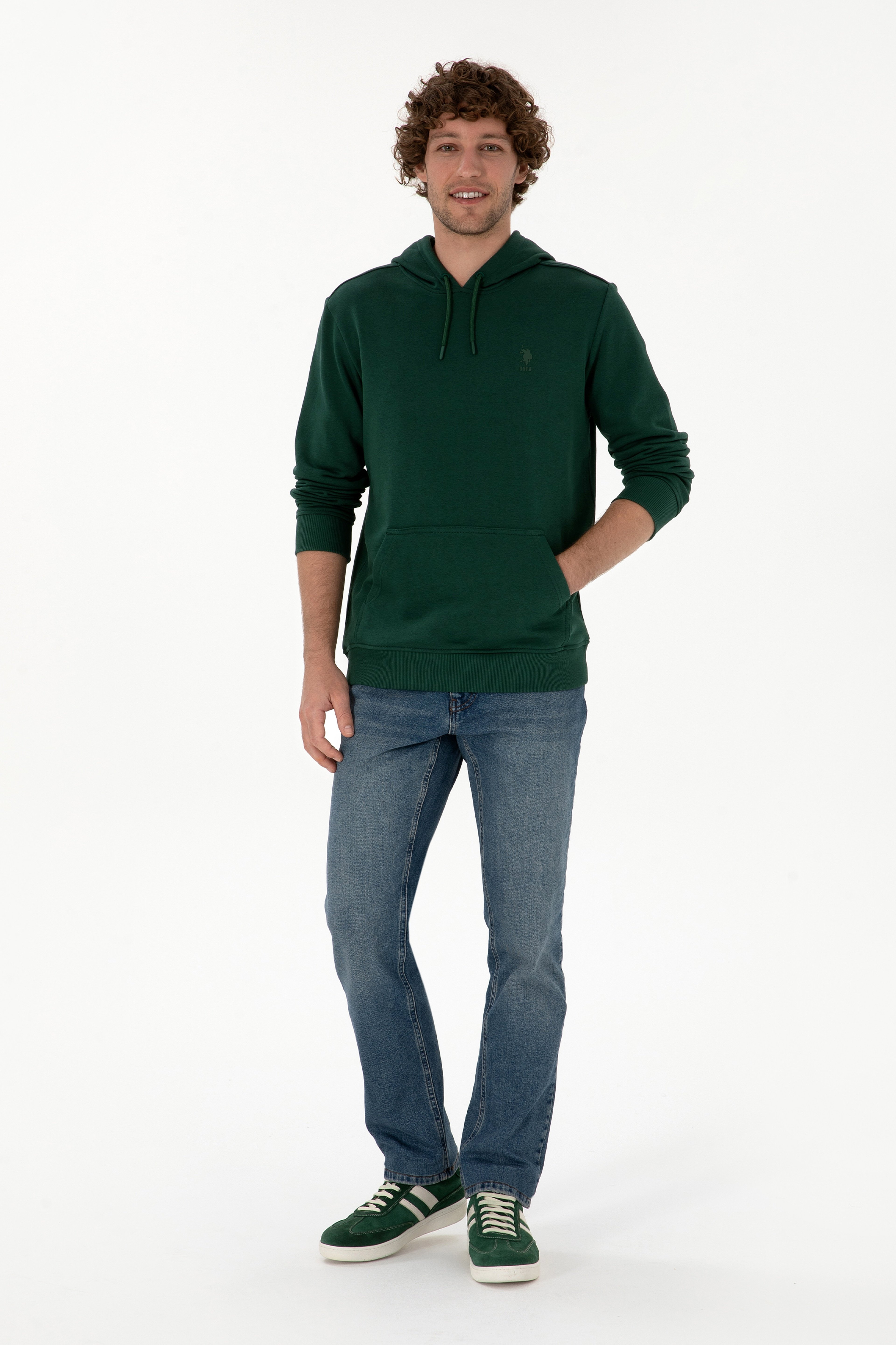 Erkek Regular Fit Kapüşonlu Koyu Yeşil Basic Sweatshirt