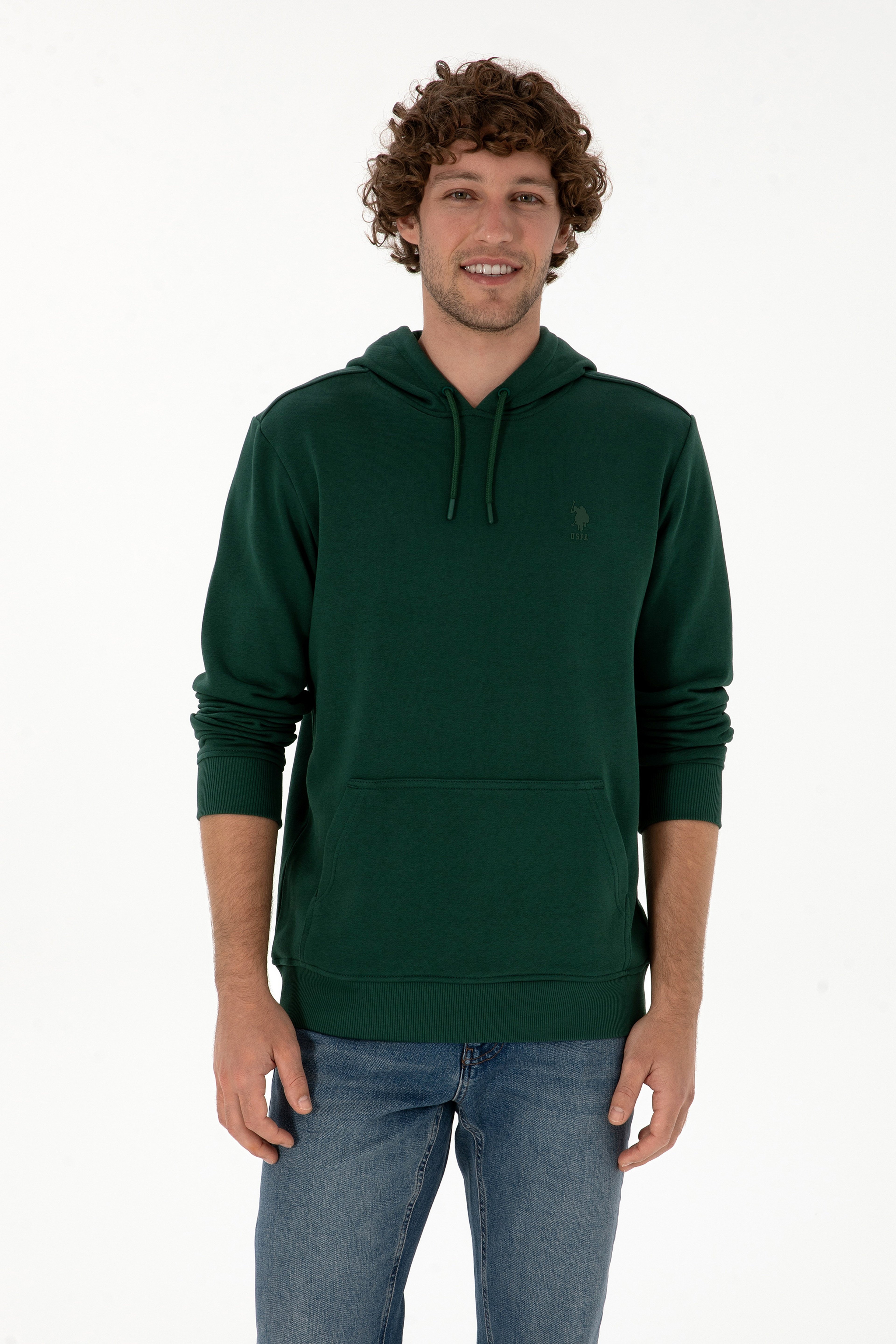 Erkek Regular Fit Kapüşonlu Koyu Yeşil Basic Sweatshirt - Image 1