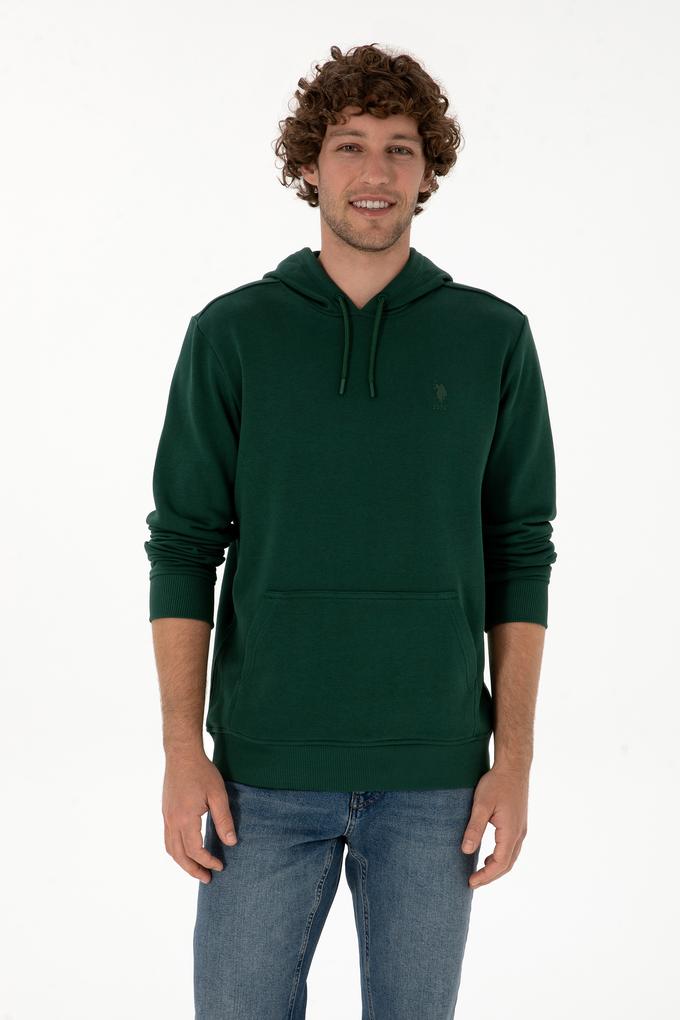 Erkek Regular Fit Kapüşonlu Koyu Yeşil Basic Sweatshirt