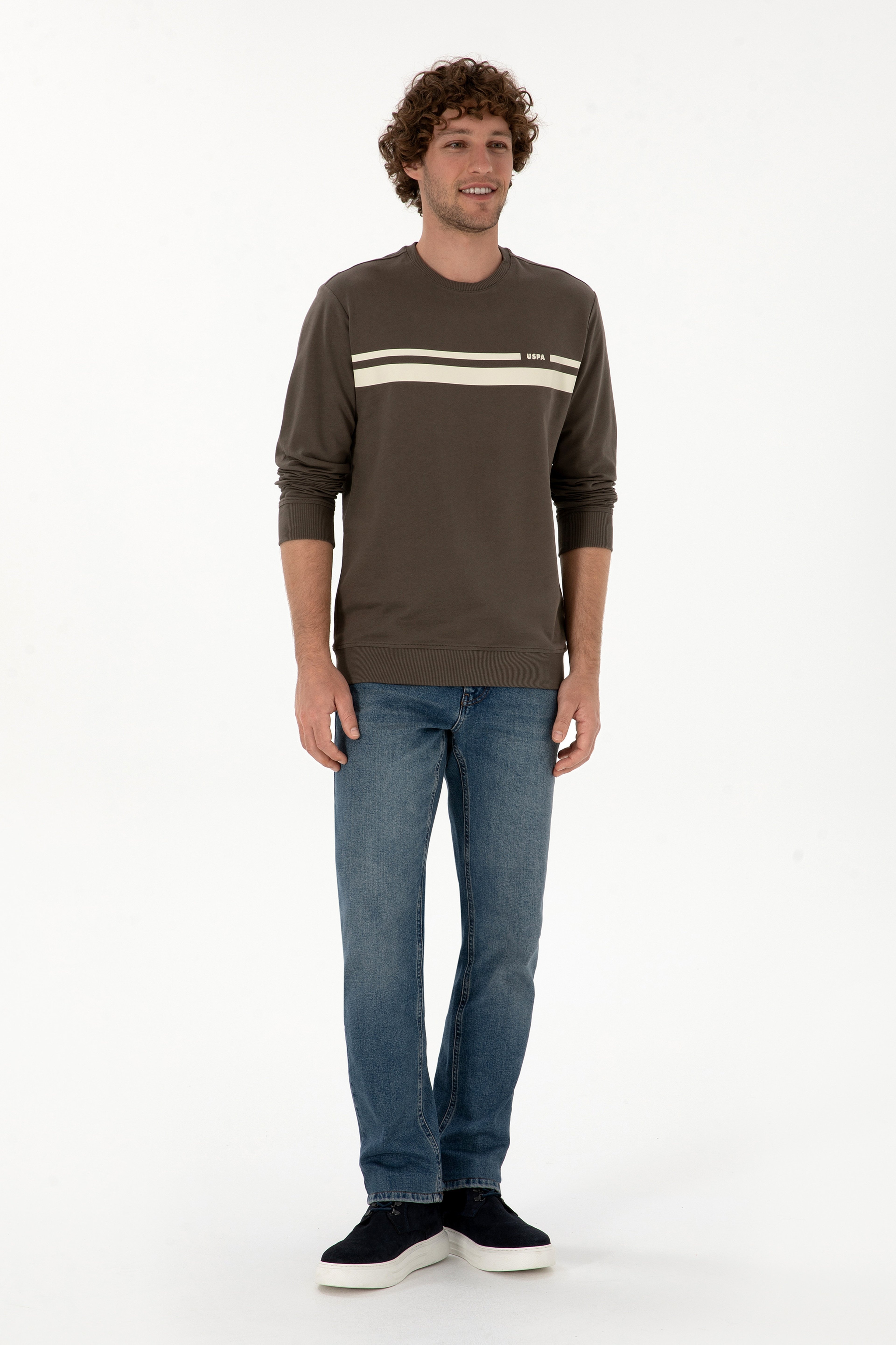 Erkek Regular Fit Bisiklet Yaka Vizon İnce Sweatshirt - Image 4