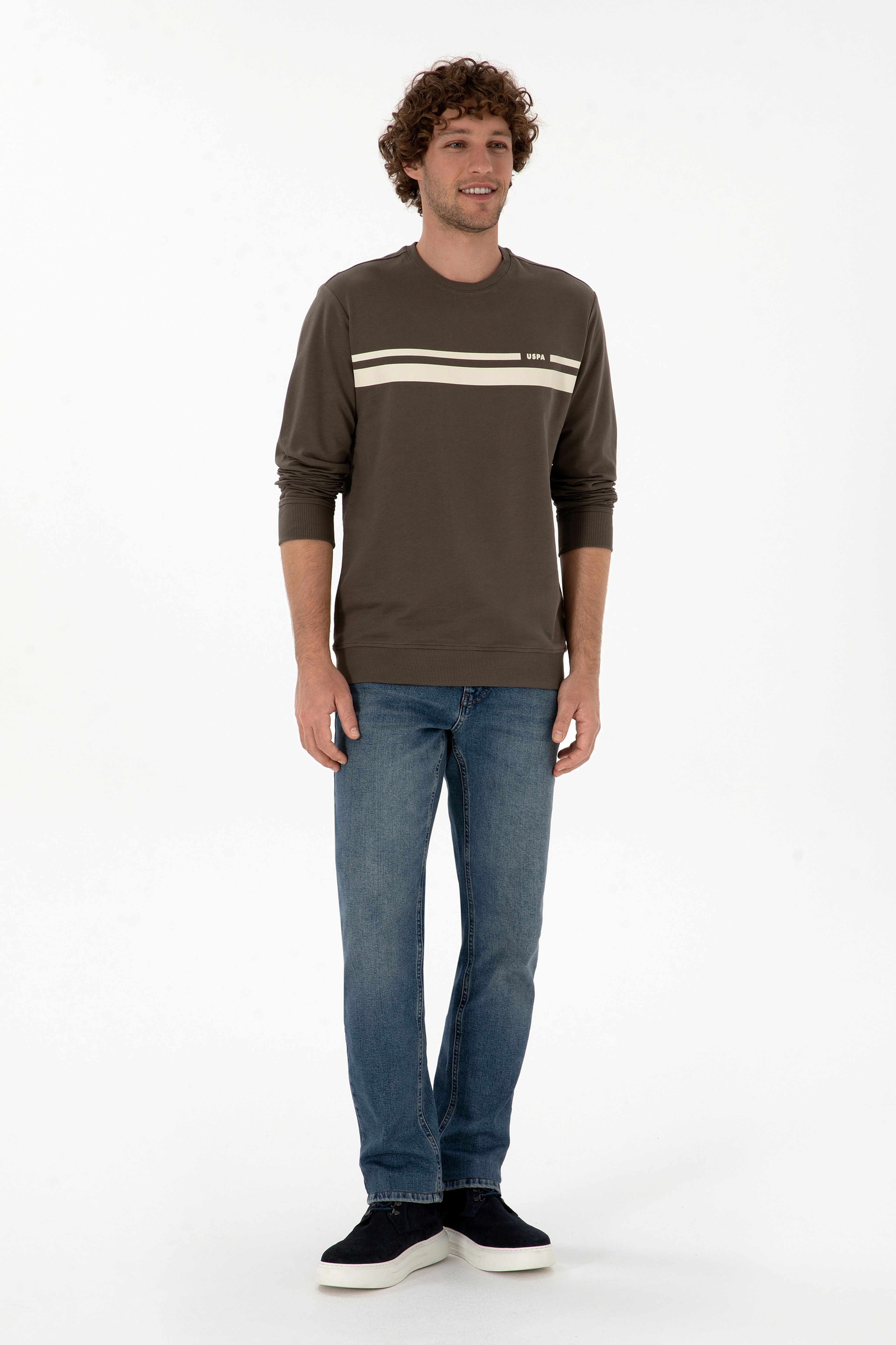 Erkek Regular Fit Bisiklet Yaka Vizon İnce Sweatshirt