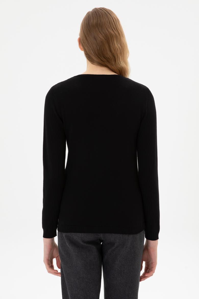 Kadın Siyah V Yaka Basic Kazak - 50307710017