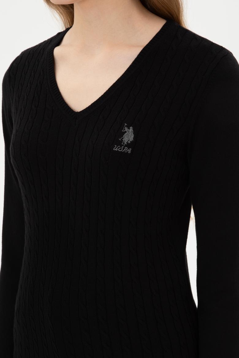 Kadın Siyah V Yaka Basic Kazak - 50307710017