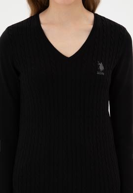 Kadın Siyah V Yaka Basic Kazak - 50307710017