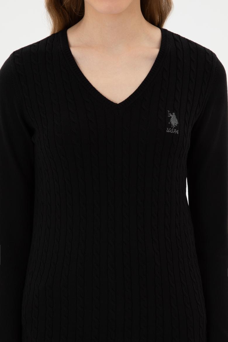 Kadın Siyah V Yaka Basic Kazak - 50307710017