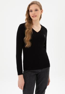 Kadın Siyah V Yaka Basic Kazak - 50307710017