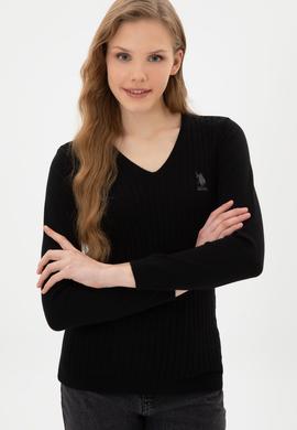 Kadın Siyah V Yaka Basic Kazak - 50307710017