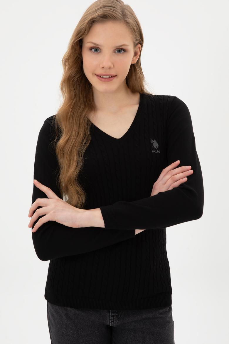Kadın Siyah V Yaka Basic Kazak - 50307710017