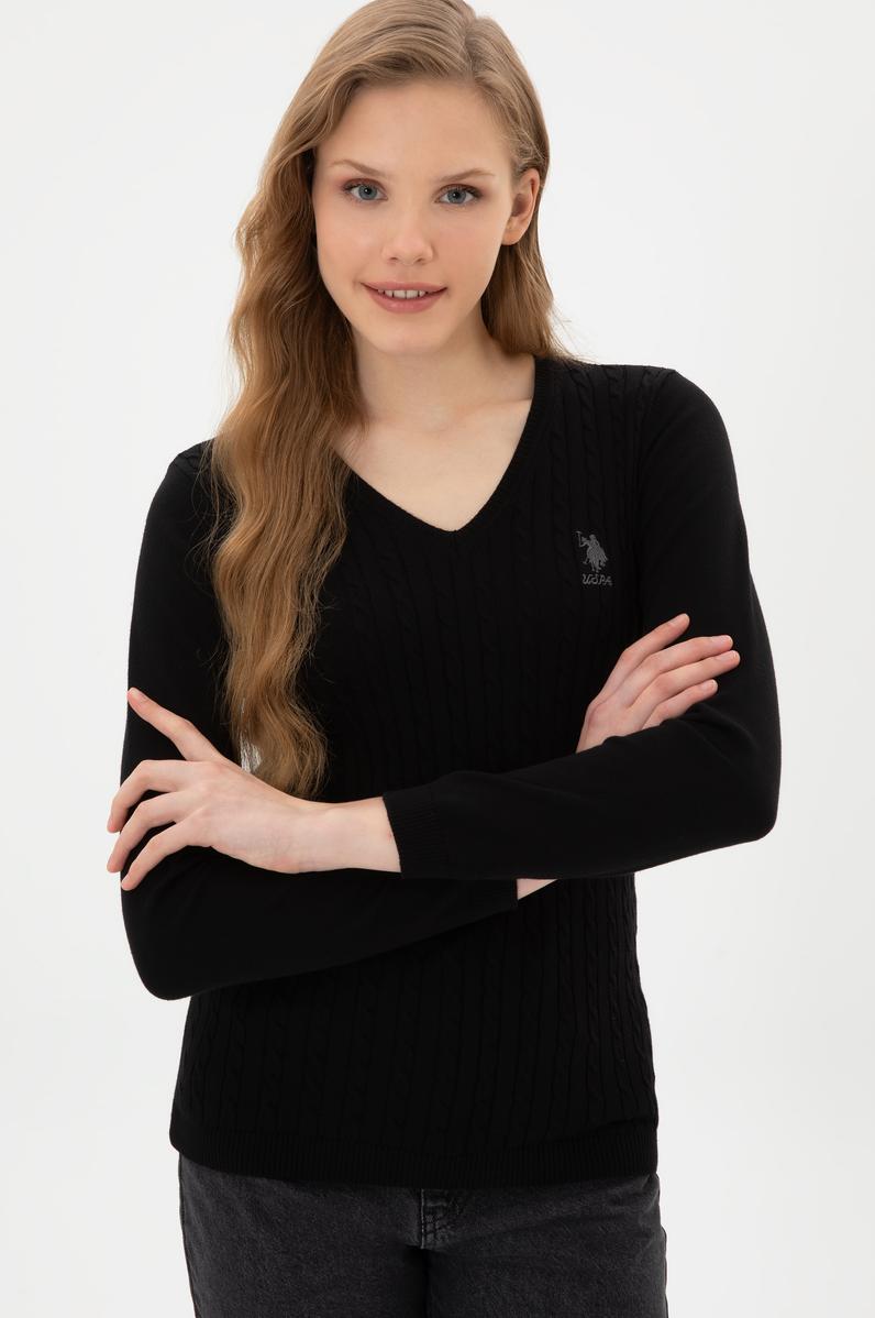 Kadın Siyah V Yaka Basic Kazak