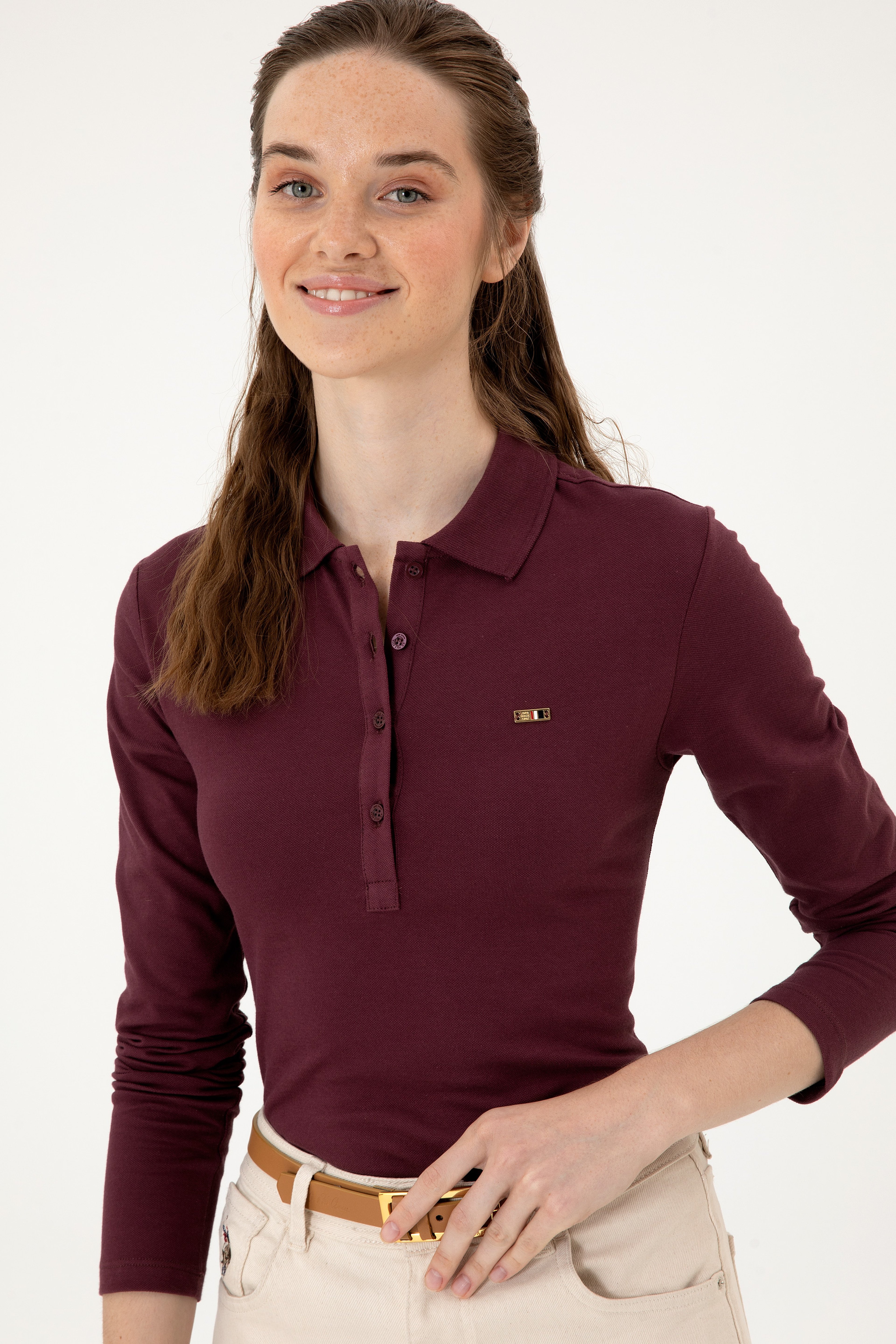 Kadın Bordo Basic Polo Yaka Sweatshırt - Image 2