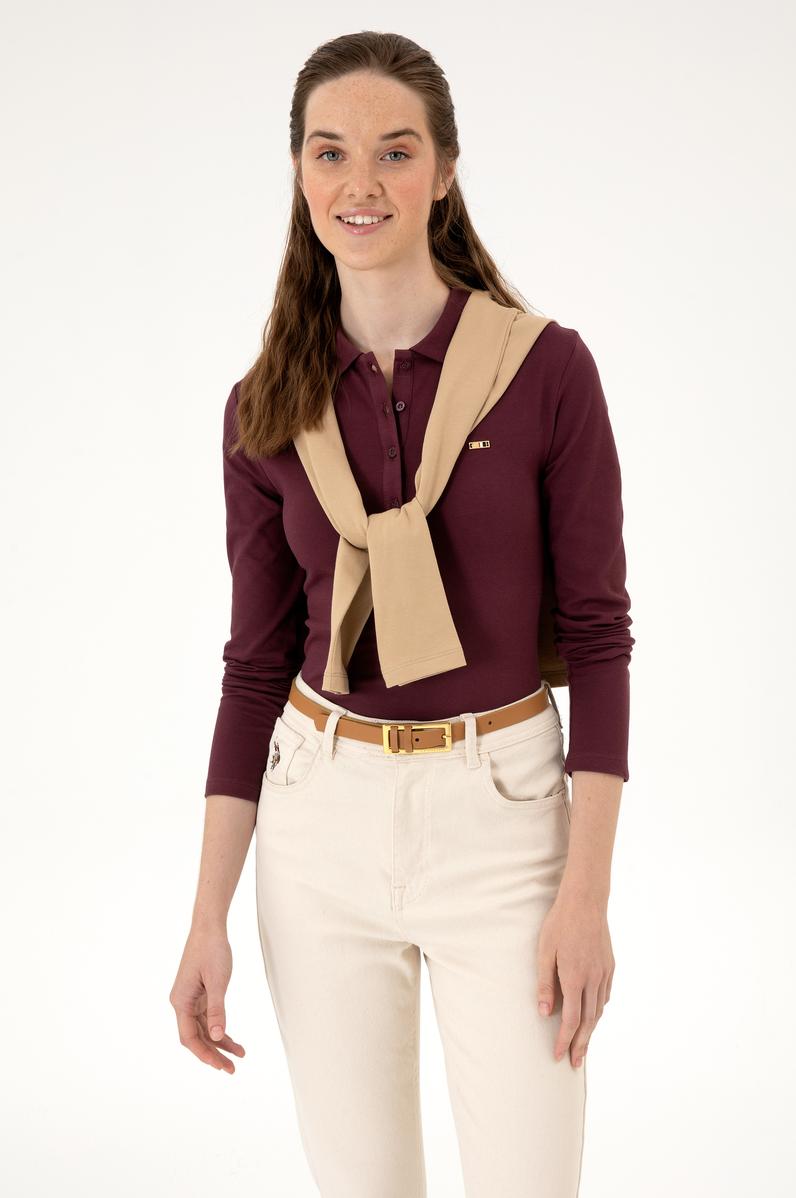 Kadın Bordo Basic Polo Yaka Sweatshırt