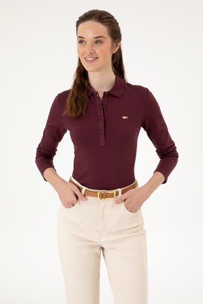 Kadın Bordo Basic Polo Yaka Sweatshırt