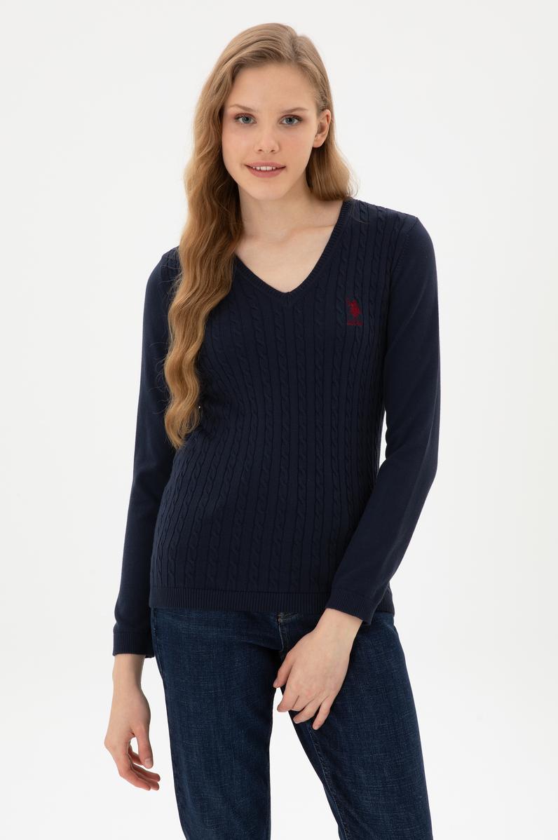 Kadın Lacivert V Yaka Basic Kazak