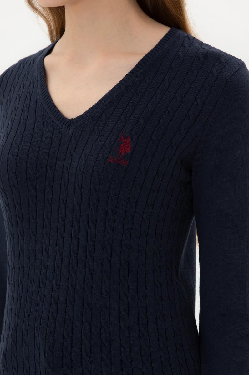 Kadın Lacivert V Yaka Basic Kazak