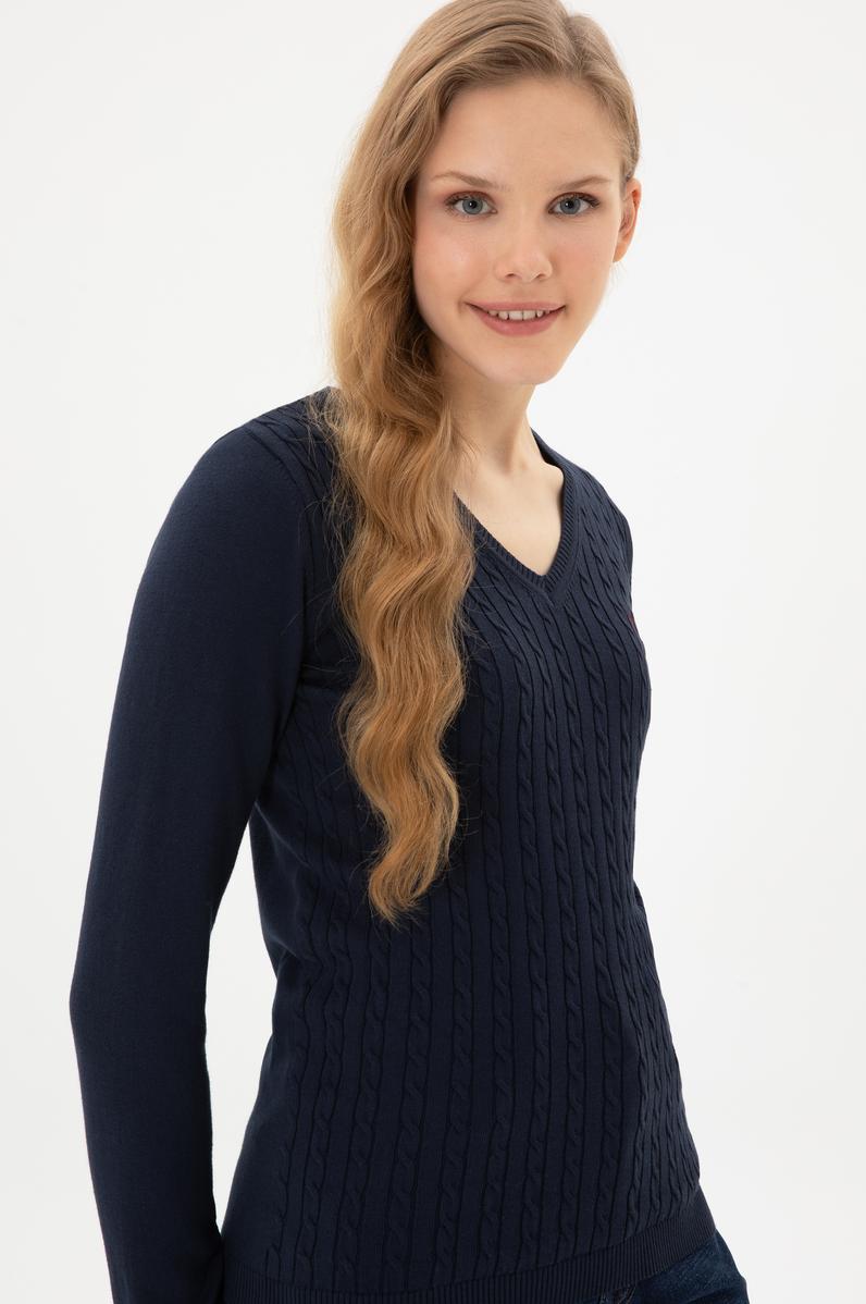 Kadın Lacivert V Yaka Basic Kazak