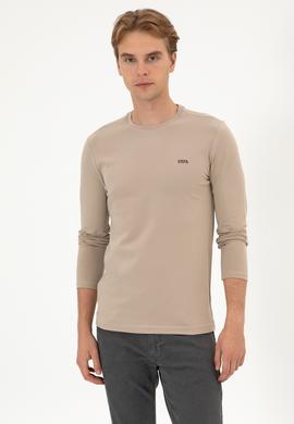 Erkek Slim Fit Bisiklet Yaka Koyu Bej Süprem Basic Sweatshirt - 50313744067