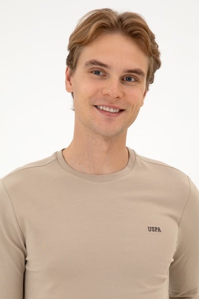 Erkek Slim Fit Bisiklet Yaka Koyu Bej Süprem Basic Sweatshirt