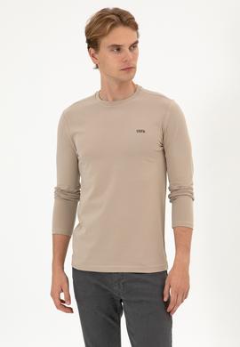 Erkek Slim Fit Bisiklet Yaka Koyu Bej Süprem Basic Sweatshirt - 50313744067