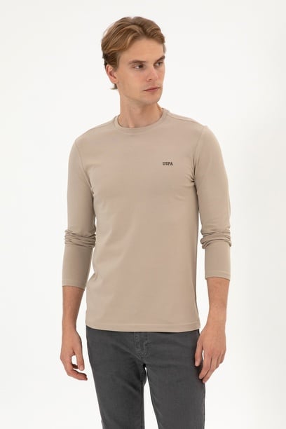 Erkek Slim Fit Bisiklet Yaka Koyu Bej Süprem Basic Sweatshirt