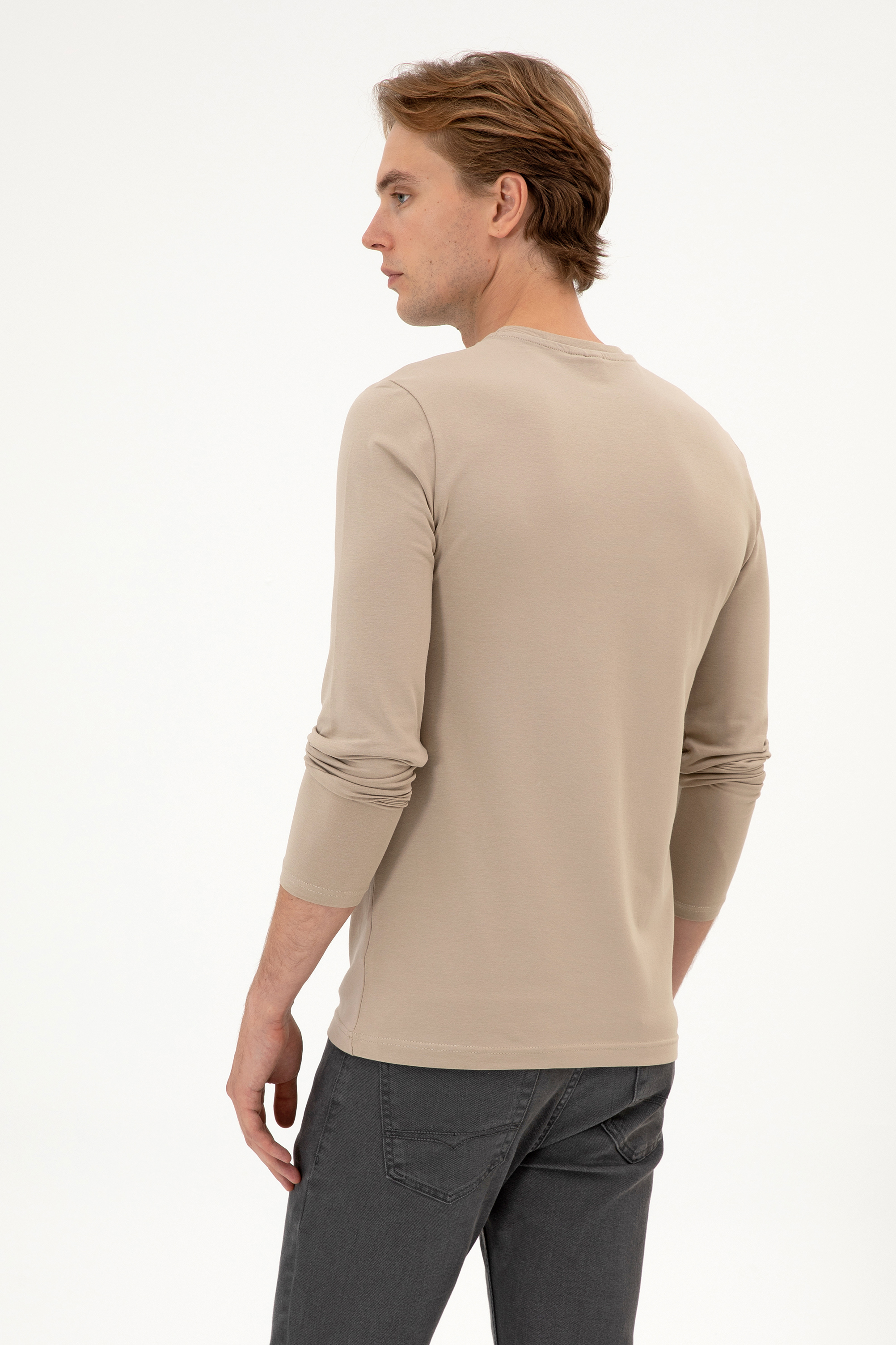 Erkek Slim Fit Bisiklet Yaka Koyu Bej Süprem Basic Sweatshirt - Image 5