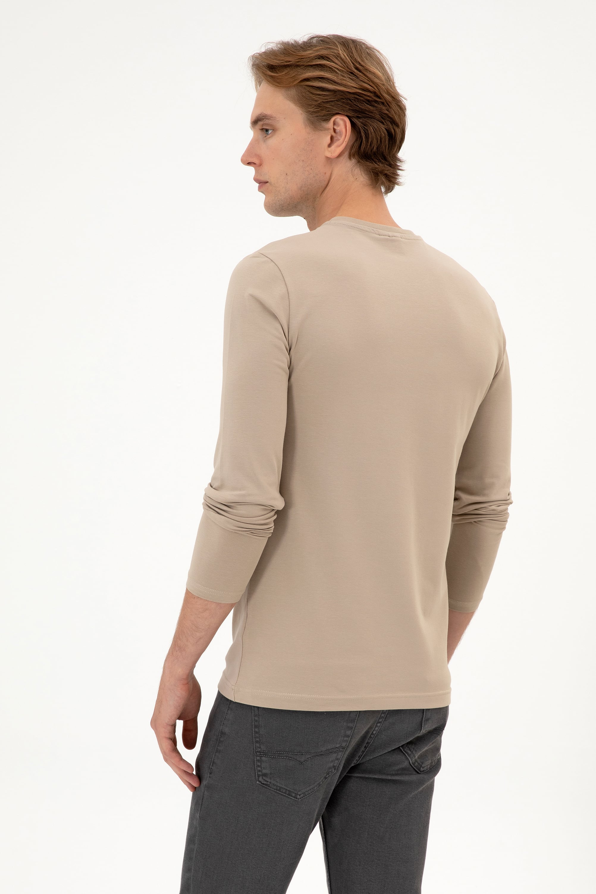 Erkek Slim Fit Bisiklet Yaka Koyu Bej Süprem Basic Sweatshirt