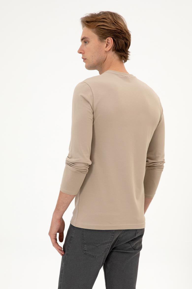 Erkek Slim Fit Bisiklet Yaka Koyu Bej Süprem Basic Sweatshirt - 50313744067