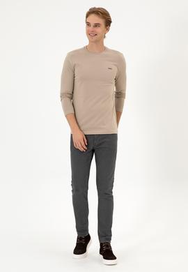 Erkek Slim Fit Bisiklet Yaka Koyu Bej Süprem Basic Sweatshirt - 50313744067